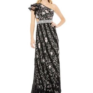 Mac Duggal Black Gown with Pink Floral Embroidery
